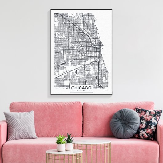 Chicago, Illinois | Zwarte en witte hoofdkaart Canvas Afdruk (Insitu (Woonkamer))