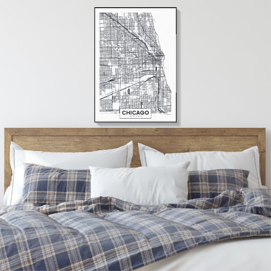 Chicago, Illinois | Zwarte en witte hoofdkaart Canvas Afdruk (Insitu (Slaapkamer))
