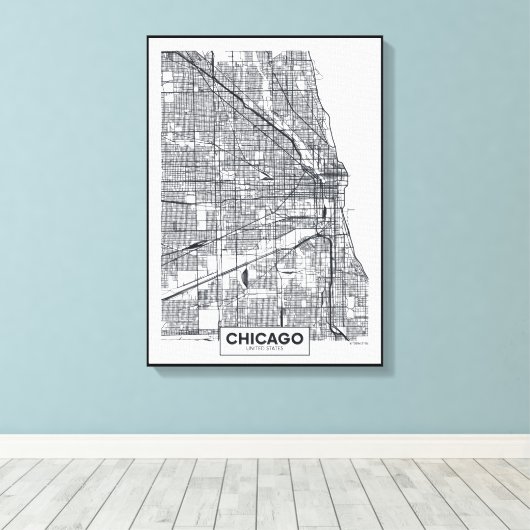 Chicago, Illinois | Zwarte en witte hoofdkaart Canvas Afdruk (Insitu (Houten vloer))