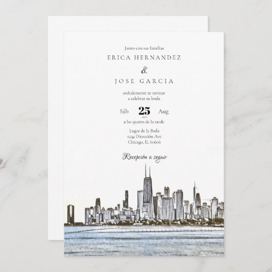 Chicago Invitación de Boda Skyline Kaart (Voorkant / Achterkant)