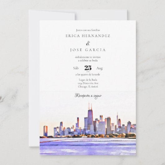 Chicago Invitación de Boda Skyline Kaart (Voorkant)
