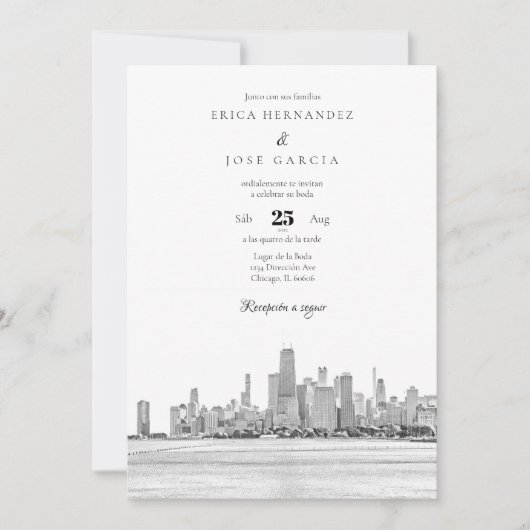 Chicago Invitación de Boda Skyline Kaart (Voorkant)
