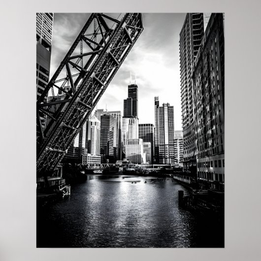 Chicago Kinzie Street Bridge Zwart-wit Poster (Voorkant)