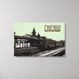 Chicago L 1950 Waterverf Sepia Fotosubway Canvas Afdruk