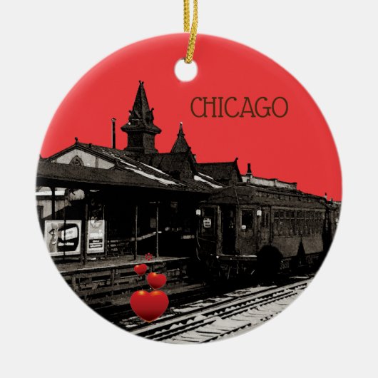 Chicago L 1950 Waterverf Sepia Fotosubway Keramisch Ornament (Voorkant)