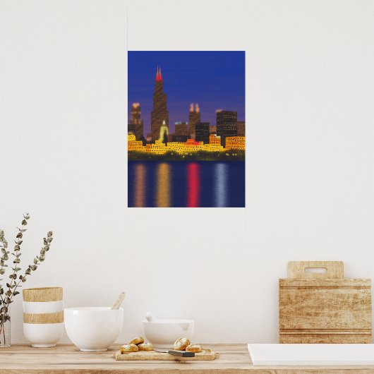Chicago Lake Skyline bij Night Poster (Keuken)