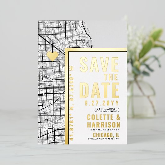 Chicago Love Locator | Weddenschap Save the Date Folie Uitnodiging (Staand Voorkant)