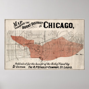 Chicago Map vanaf 1871 na brandherstel Poster