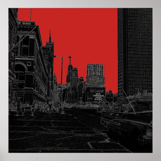 Chicago Michigan Avenue 1960's Ggloed Edges Black Poster (Voorkant)