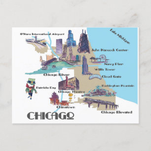 Chicago Michigan-kaart met attracties Briefkaart