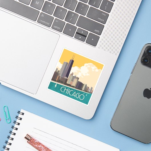 Chicago | Moderne skyline Sticker (Laptop met iPhone)