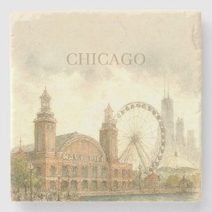 Chicago Navy Pier Aangepast Waterverf Landmark Stenen Onderzetter
