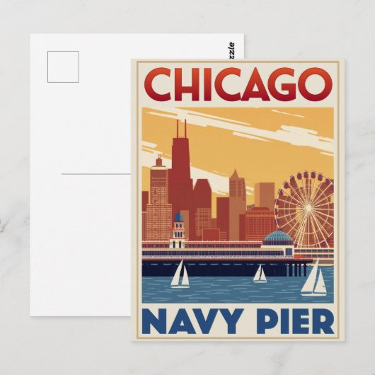 Chicago Navy Pier Skyline Retro Briefkaart (Voorkant / Achterkant)