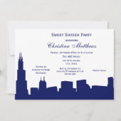 Chicago Navy Skyline Silhouette Sweet 16 Party Kaart (Voorkant)