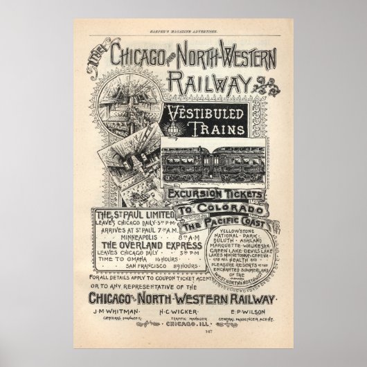  Chicago North Western Railway Ad vanaf 1888 Poster (Voorkant)