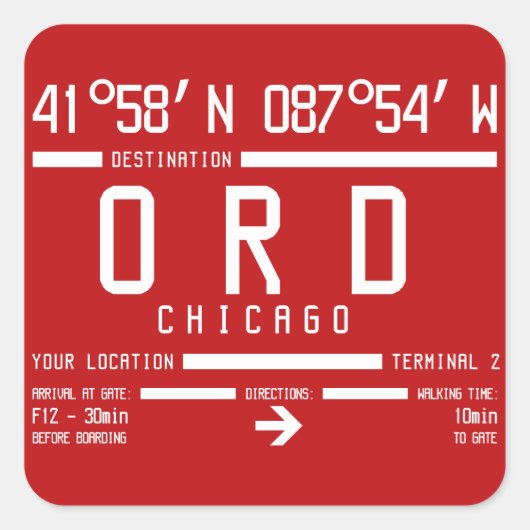 Chicago O'Hara International Airport Code ORD Vierkante Sticker (Voorkant)