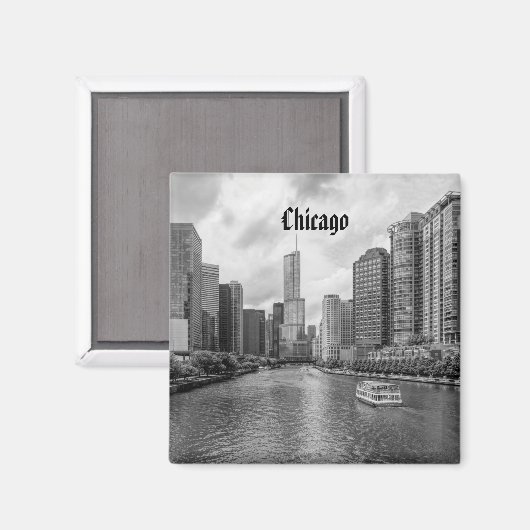 Chicago River en Trump Tower Grayscale Magnet (Voorkant / Achterkant)