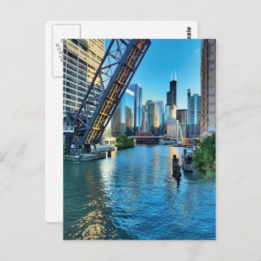 Chicago River en Willis Tower Briefkaart (Voorkant / Achterkant)