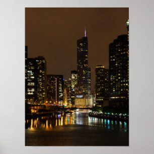 Chicago River Night Storm Poster