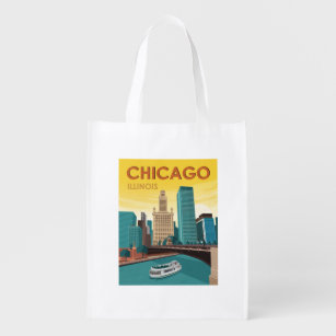 Chicago River Skyline Vintage Travel Boodschappentas