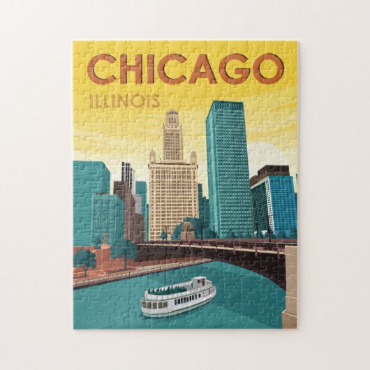 Chicago River Skyline Vintage Travel Legpuzzel (Verticaal)