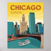 Chicago River Skyline Vintage Travel Poster (Voorkant)