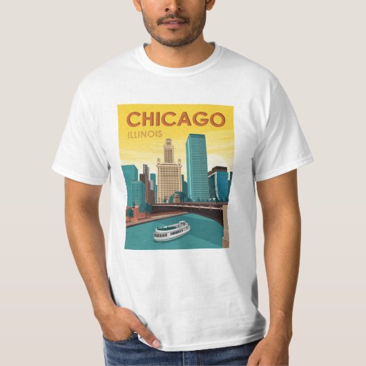 Chicago River Skyline Vintage Travel T-shirt (Voorkant)