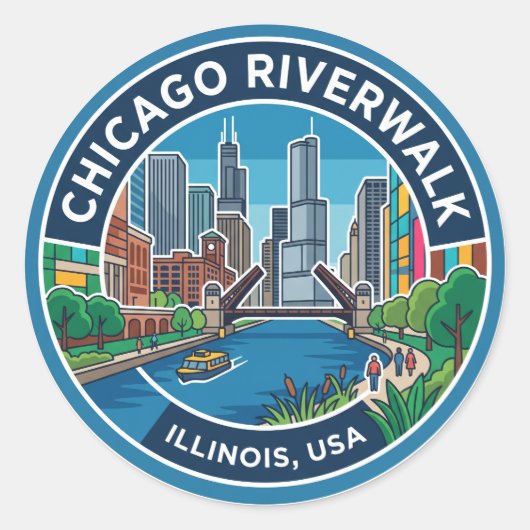 Chicago Riverwalk Illinois Ronde Sticker (Voorkant)