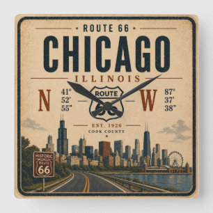 Chicago Route 66 Silhouette Coördinaten Vierkante Klok