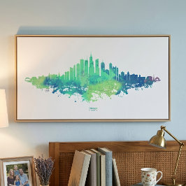 Chicago Silhouet Aquarel Blauw Groen Stads Kunst Foto Afdruk
