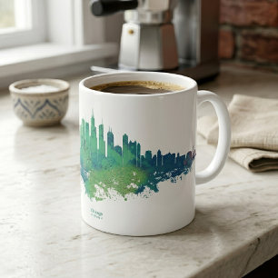 Chicago Silhouet Aquarel Blauw Groen Stads Kunst Koffiemok