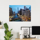 Chicago Silhouet bij Schemering Rivier View Poster (Thuiskantoor)