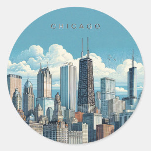Chicago Silhouet Blauw Modern Ronde Sticker