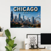 Chicago Silhouet en Lake Michigan Poster (Thuiskantoor)