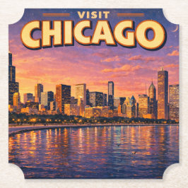 Chicago silhouet en Lake Michigan 's avonds Kartonnen Onderzetters