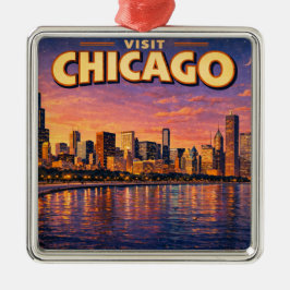 Chicago silhouet en Lake Michigan 's avonds Metalen Ornament