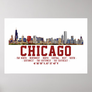 Chicago Silhouet.  Gebieds Namen en Coördinaten Poster