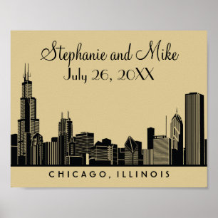 Chicago Silhouet Goud en Zwarte Trouwdag Poster