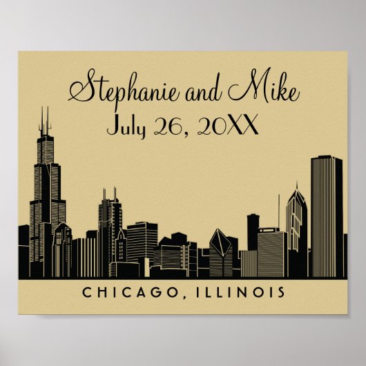 Chicago Silhouet Goud en Zwarte Trouwdag Poster (Voorkant)