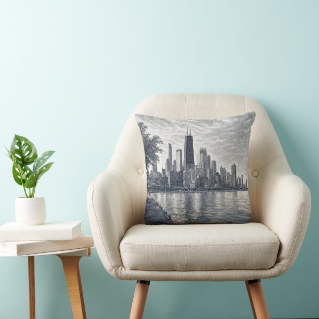 Chicago Silhouet in Pointillistische Kunst Kussen (Stoel)
