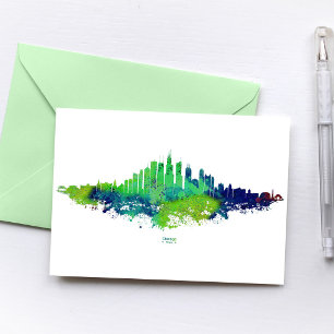 Chicago Silhouette Aquarel Blauw & Limoen Kunst Pr Briefkaart