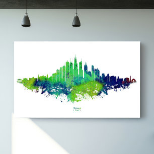 Chicago Silhouette Aquarel Blauw & Limoen Kunst Pr Poster