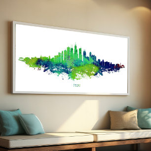 Chicago Silhouette Aquarel Blauwe & Limoen Kleur K Foto Afdruk