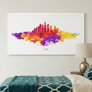 Chicago Silhouette Aquarel Kunst op Witte Achtergr Canvas Afdruk