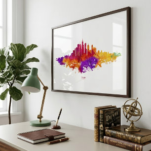 Chicago Silhouette Aquarel Kunst op Witte Achtergr Foto Afdruk