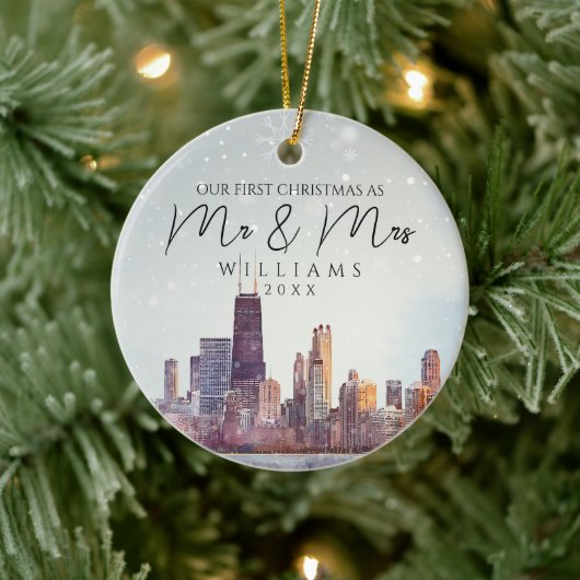Chicago Silhouette Eerste Kerstmis Als Meneer & Me Keramisch Ornament (Boom)