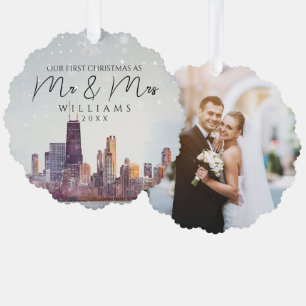 Chicago Silhouette Eerste Kerstmis Als Meneer & Me Ornament Kaart