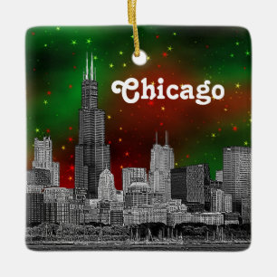 Chicago Silhouette Gegraveerd, Groene Rode Sterren Keramisch Ornament