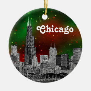Chicago Silhouette Gegraveerd, Groene Rode Sterren Keramisch Ornament
