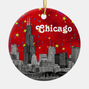 Chicago Silhouette Gegraveerd, Rode Sterrenhemel Keramisch Ornament